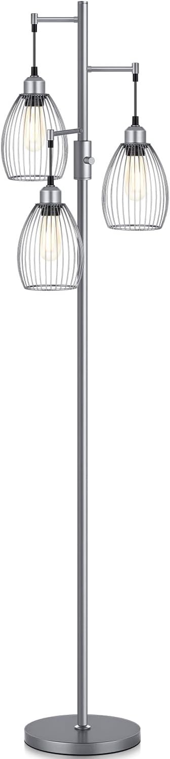 Torondo Dimmable Industrial Floor Lamps for Living Room, Gray Tree Standing Tall Lamps with 3 Elegant Teardrop Cage Head & 800 Lumens LED Bulbs for Bedroom Office