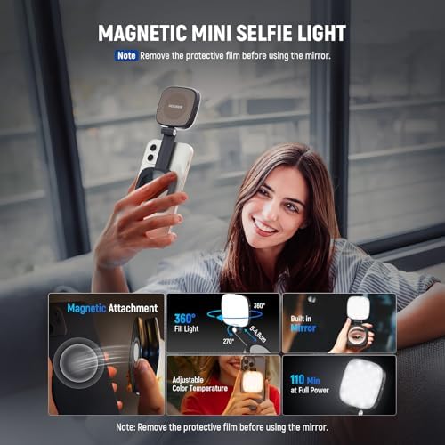 NEEWER BASICS Magnetic Selfie Light Compatible with MagSafe iPhone,CRI95 700lx/0.3m Folding LED Phone Fill Ring Lighting with Mirror for Zoom Makeup Photography Recording Video Conference, Black NL48B
