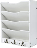 5-Tier Wall File Holder Hanging Mail Organizer Wood Magazine Literature Rack with 6 Hooks, White