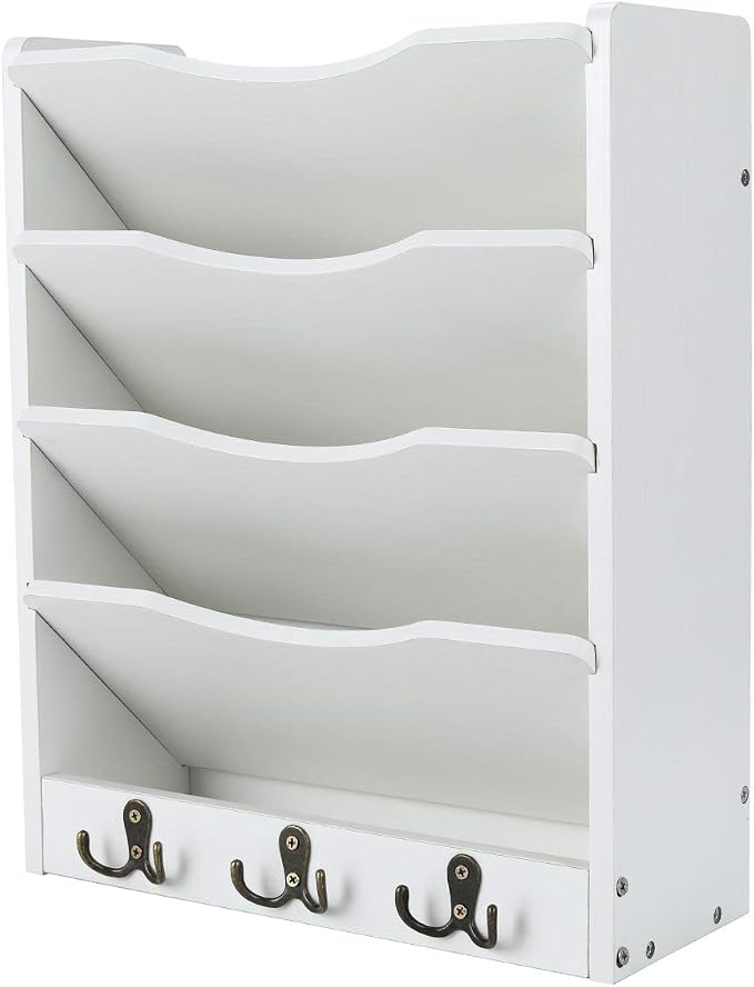 5-Tier Wall File Holder Hanging Mail Organizer Wood Magazine Literature Rack with 6 Hooks, White
