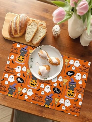 Vandarllin Happy Halloween Boo Placemats Set of 4, Cartoon Pumpkin Spooky Black Cats Ghosts Cotton Linen Stain Resistant Table Mats Washable Placemat Decoration for Kitchen Dining Table,Orange