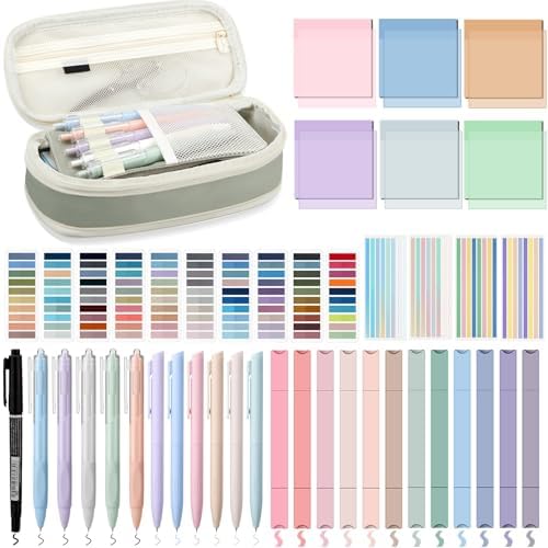 135 Pcs Book Annotation Kit with Pencil Case, 12 Pastel Highlighters, 11 Gel Pens, Fine Marker, 300 Transparent Sticky Notes, 2640 Index Tabs, Bible Study Supplies Kit(Classic,Light Green)