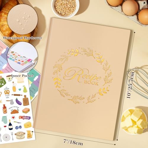 Lanpn B5 Blank Recipe Book Cookbook to Write in Your Own Recipes, Leather Cover Waterproof Empty Cooking Journal for 70 Recipes, Recipe Notebook with Stickers to Organize Your Family Recipes, Oat