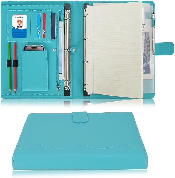 Wonderpool A4 PU Leather 3 & 4 Ring Holder Writing Portfolio Multi Document Case with Removable Binder Clipboard and Functional Pocket for Organizer Office Travel School (Cyan)