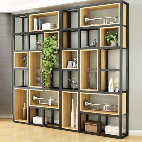 Wood Industrial Cube Bookcase with Shelves & Open Back Iron Bookshelf Floor Steel & Wood Shelf Multi-Layer Shelf Storage Rack Office Partition Display Rack Natural 94.5" L x 9.8" W x 94.5" H