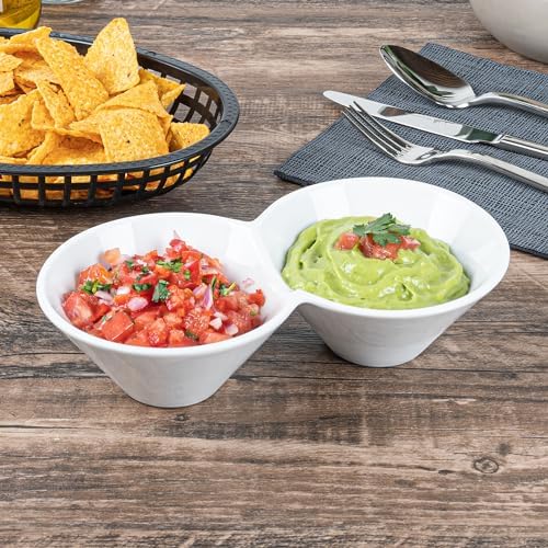Restaurantware-9.1 x 4.9 x 2.3 Inch Double Dip Bowls, 1 Microwavable Condiment Server - 2 Compartments, Microwavable, White Porcelain Dip Tray, Dishwashable, For Snacks, Condiments, Or Toppings