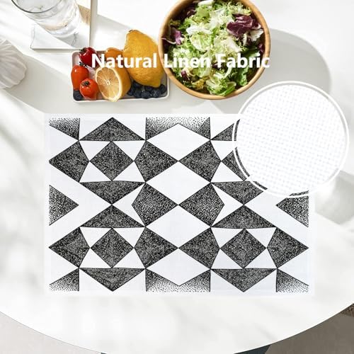 Batmerry Houndstooth Black White Linen Placemats Set of 6, Plaid Abstract Fashion Geometric Washable Table Mats for Kitchen Table Thickened Heat Insulation Dining Set Indoor Outdoor 12X18 in