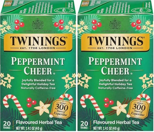 Twinings Peppermint Cheer Herbal Tea Individually Wrapped Bags, 20 Count (Pack of 2), Peppermint & Vanilla, Naturally Caffeine-Free, Enjoy Hot or Iced, 20 Teabags