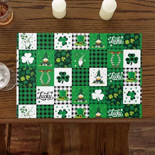 St Patrick's Day Placemats Set of 6,Lucky Shamrock Clover Gnomes Cotton Linen Heat Resistant Table Mats Green Black White Buffalo Gingham Plaid Washable Spring Holidays Decorations For Kitchen Dining