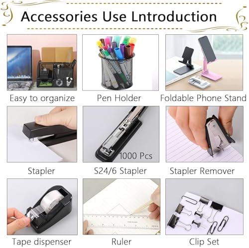 Office Supplies,Desk Accessories,Stapler and Tape Dispenser Set,1000 Staples,Staple Remover,Pen Holder,Folding Phone Holder,Journal Notebook,Ballpoint Pen,Scissor,Ruler,Clear Tape,Sticky Notes,Ect