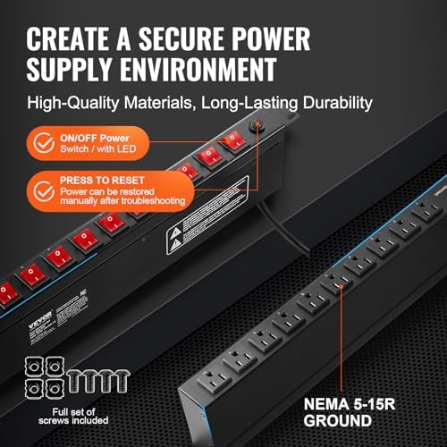 VEVOR 10 Outlet Horizontal 1U Rack Mount PDU Power Strip for Network Server Racks, 10 Individual Led Switches Surge Protection & Overload Protection, 110-125V/15A, with 6ft 14AWG Power Cord