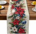 Christmas Poinsettia Table Runner Dresser Scarf 13 x 60 Inch Red Flower Holly Berries Xmas Ball Beige Table Runners Non-Slip Heat Resistant Kitchen Dining Table Decor for Home Holidays Indoor Outdoor