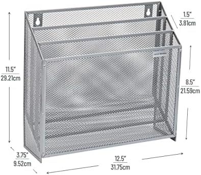 Mind Reader Vertical File Storage, Desktop Organizer, Wall Mount, Office, Metal Mesh, 12.5"L x 3.75"W x 11.5"H, Silver