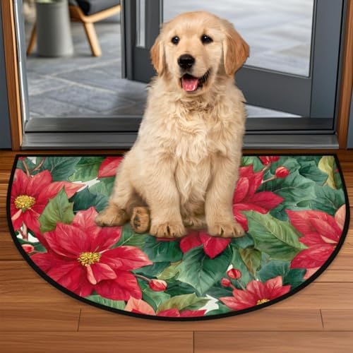 Pardick Christmas Poinsettia Half Round Door Mat, Non-Slip Welcome Indoor Entrance Way Rug Semi Circle Front Doormats Washable Bathroom Kitchen Floor Mat, Outdoor Rugs for Garage, Patio, Hearth Rug
