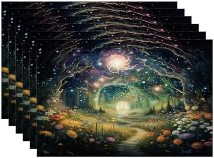 Batmerry Magical Forest Path Glowing Lights Linen Placemats Set of 6, A Mystical Forest At Night Washable Table Mats for Kitchen Table Thickened Heat Insulation Dining Set Indoor Outdoor 12X18 in