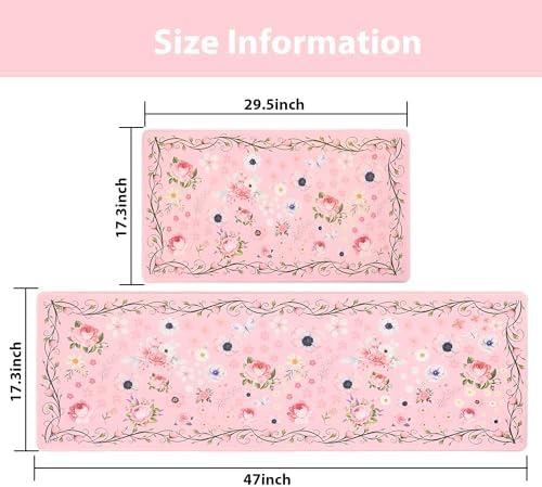 Pink Kitchen Mats for Floor Floral Cushioned Anti Fatigue Mats for Kitchen Floor for Sink, Stove, Desk, Laundry,17"x30"+17"x47", Baby Pink