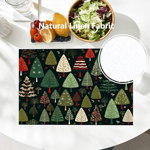 Batmerry Christmas New Year Linen Placemats Set of 4, Christmas Tree Cartoon Black Background Washable Table Mats for Kitchen Table Thickened Heat Insulation Dining Set Indoor Outdoor 12X18 in