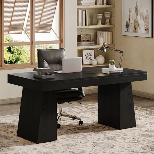 Tribesigns 55" Executive Desk, Wooden Office Desk with Double Pedestal, Modern Simple Computer Writing Table for Home Office, Black