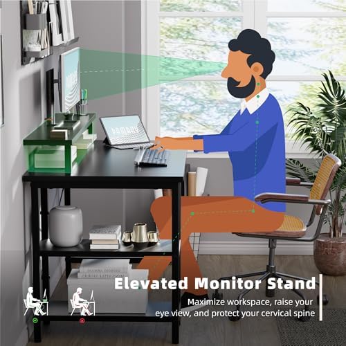 Pamray 33.5 Inch Small Computer Desk with Monitor Stand and Shelves