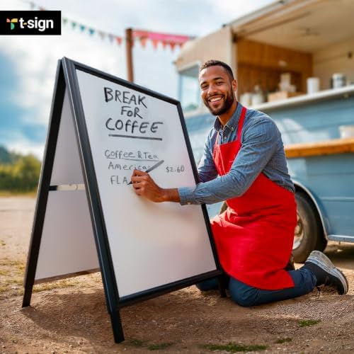 T-SIGN Sidewalk Sign for Indoor & Outdoor Sign - Open Aluminum A Frame Sign Poster Board 24x36 Inches, White Dry Erase Surface - Heavy Duty Double Sided Sandwich Board, Street Advertising Sign Board