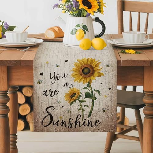 You are My Sunshine Table Runner Dresser Scarf 13 x 36 Inch Vintage Sunflowers Newspaper Texture Table Runners Non-Slip Heat Resistant Kitchen Dining Table Decor for Home Holidays Indoor Outdoor