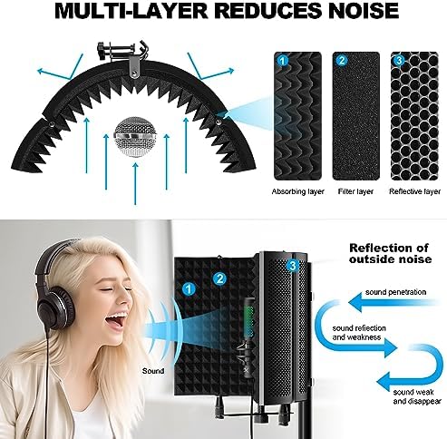 Aokeo Studio Recording Microphone Isolation Shield, Pop Filter.High Density Absorbent Foam is Used to Filter Vocal. Suitable for Blue yeti and Any Condenser Microphone Recording Equipment