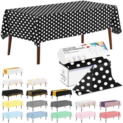 CXPSINC 54 Inch X 300 Feet Plastic Table Cover Roll Disposable Tablecloth with Slide Cutter for All Type/Shape Tables | Party, Banquet, Birthdays, Weddings(Black & White Dot, 300 Feet)
