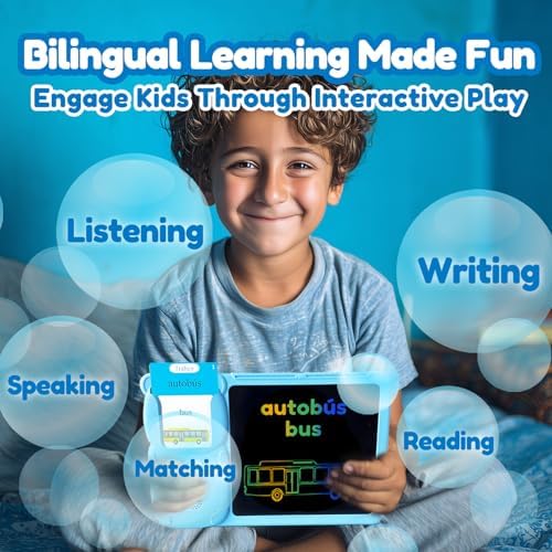 Writing Tablet with Bilingual Flash Cards for Kids, Spanish Blue
