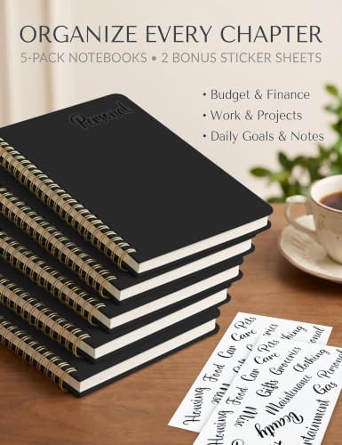 5 Pack Hardcover Spiral Notebooks, 8.3" x 6.3" Lined Journal Set, 100 GSM Bleed-Resistant Paper, 200 Pages Twin-Wire Bound Notebook with Elastic Band & Category Stickers for Office, School