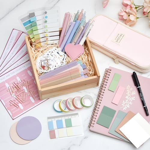 Jutom 110 Pcs Bible Study Supplies Bible Journaling Kit with Canvas Tote Bag Pen Case Notebook Highlighters Pen Sticky Note Tabs Page Markers Stickers Tape for Women Christian Christmas Gift(Pink)