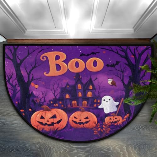 Halloween Castle Pumpkin BOO Half Round Door Mat, Non-Slip Welcome Indoor Entrance Way Rug Semi Circle Front Doormats Washable Bathroom Kitchen Floor Mat, Outdoor Rugs for Garage, Patio, Hearth Rug
