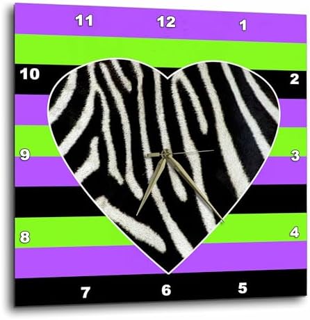 3dRose Wall Clock Silent - 10 inch - Punk Rockabilly Zebra Heart Purple Green Black Print - Designs Prints and Patterns