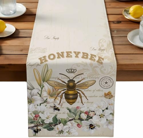 Bee Table Runner Dresser Scarf 13 x 120 Inch Farmhouses Honeybee White Floral Plants Retro Beige Table Runners Non-Slip Heat Resistant Kitchen Dining Table Decor for Home Holidays Indoor Outdoor
