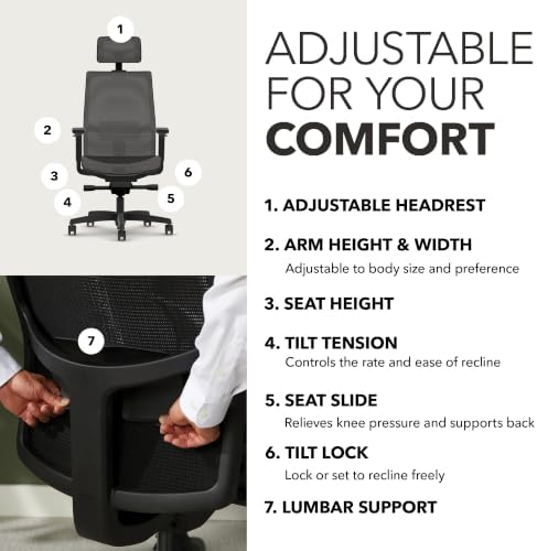 HON Ignition 2.0 Ergonomic Office Chair, Headrest, Office Desk, Black