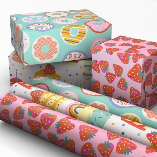 Hallmark Donuts and Strawberry Wrapping Paper Rolls for Birthdays, Valentine's Day, Teacher Appreciation (Set of 3 Rolls: 75 Sq. Ft. Total) Pink, Teal, White, Rainbow, Confetti