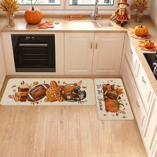 Baccessor Fall Pumpkin Kitchen Rugs Set of 2,Tis The Season Autumn Football Thanksgiving Farmhouse Mats Washable Non Slip Low-Profile Indoor Floor Holiday Hallway Sink Decor 17x29 and 17x47 Inch