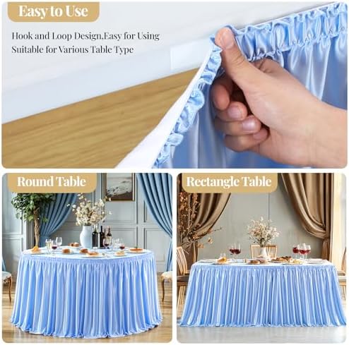 Wish Care 14ft Baby Blue Satin Table Skirt for Rectangle Tables Wrinkle Free Teacher Desk Skirt Glitter Ruffle Table Skirting Cloth for Back to School Classroom Office Dorm Birthday Party Table Decor