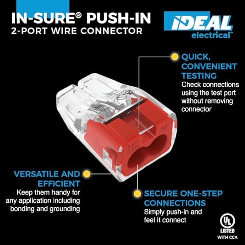 Ideal Electrical in-Sure Push-in Wire Connector, 2-Port (30-1032P), Bag of 100-Color Coded Connectors for Solid and Stranded Wires