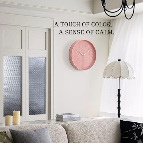 Clockswise 12" Rose Pink Hex Embossed Wall Clock Modern Decorative Round Hanging Design with Geometric Pattern Perfect for Bedroom Living Room Kitchen Office Nursery and Contemporary Home Décor