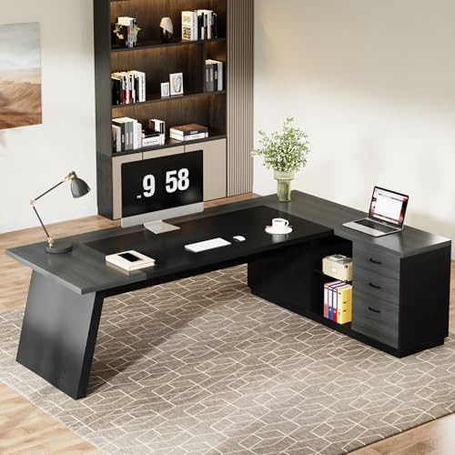 Tribesigns 78" L-Shaped Executive Desk, Large Modern Office Desk with Drawers and Lateral File Cabinet, Business Furniture with Storage Shelves, Big Computer Desk for Home Office (Grey + Blcak)