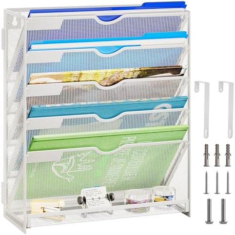 Lavatino 6-Tier Hanging File Organizer, Wall Mount File Holder for Mails Folders Papers Magazine Organization, Vertical Document Organizer for Office Home - (White)