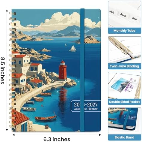 Planner 2026-2027, Monthly & Weekly Jul 2026-Jun 2027 Calendar Book | 6.3" x 8.5", Hardcover Spiral Planner with Tabs, School & Daily Pretty Agenda for Women, Students, Teachers, Coastal Beacon