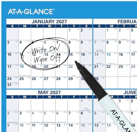 AT-A-GLANCE Dry Erase Calendar 2026-2027 Academic & Regular Year Wall Planner, 12-Month, 36" x 24", Double Sided, Horizontal (PM200P28)