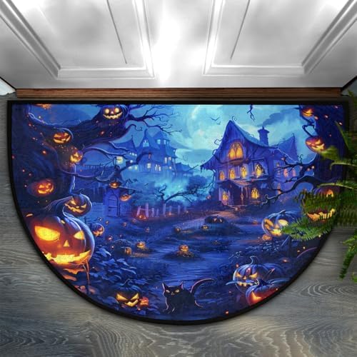 Halloween Pumpkin Moon Half Round Door Mat Non Slip Washable Halloween Semi Circle Area Rug Absorbent Soft Half Moon Rug Floor Mat for Kitchen Indoor Outdoor Bathroom Patio Front Door Mat Decor