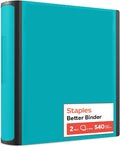 Staples Better Binder, 2-Inch D-Ring View, Teal, Holds 540 Sheets | Reinforced spine for durable everyday use in office and school settings.