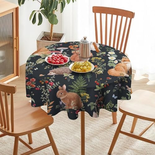 Watercolor Forest Tablecloth, Rustic Woodland Animals Squirrel Rabbit Fox Wild Flower Mushroom Leaves Print Table Cloth Cover for Kitchen Dining Indoor Outdoor Decor, 60x60in