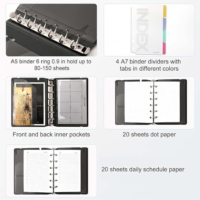 CAGIE A5 Binder 6 Ring Refillable Notebook with Dividers & Pockets | Daily Planning Square Ruled and Dotted Pages, Refill Paper Included, 6.89 x 9.25 In (Grey, A5 Daily & Dot Page)