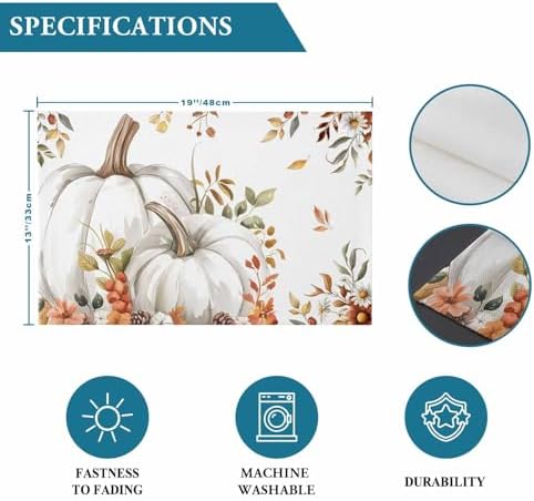 Fall Floral Leaves Placemats Set of 6, Thanksgiving Pumpkins Heat Resistant Washable Table Place Mats Boho Cotton Table Linens Party Holiday Decorations for Home Kitchen Dining Table Outdoor Indoor,