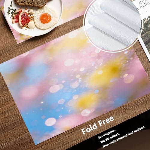 Batmerry Pastel Rainbow Linen Placemats Set of 6, Glitter Stars Marble Galaxy Clouds Washable Table Mats for Kitchen Table Thickened Heat Insulation Dining Set Indoor Outdoor 12X18 in