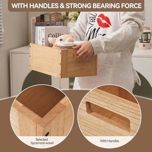 KIRIGEN Stackable Wood Storage Cube with Handles, Open Cubby Bin, Natural